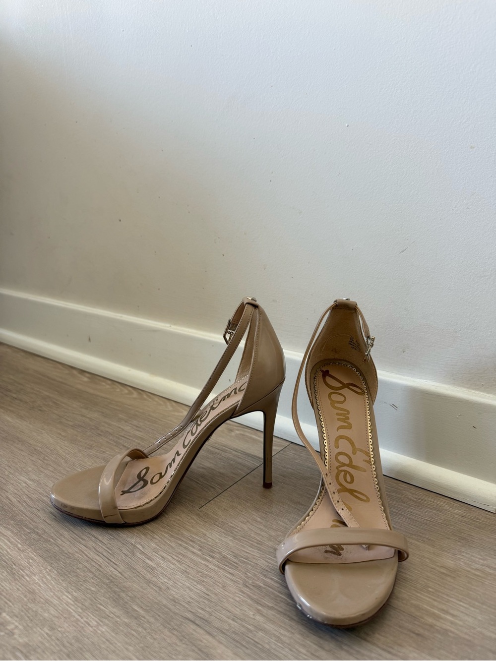 Sam Edelman Nude Patent Leather Ankle-Strap Stilettos